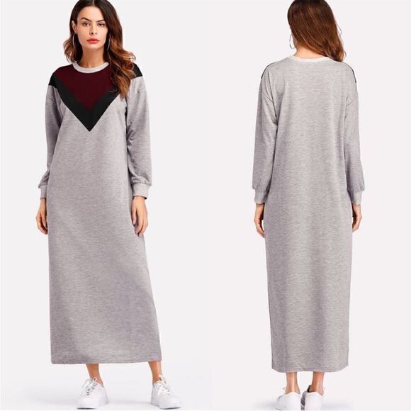 SHEIN Colorblock Sweatshirt Maxi Dress Long Sleeves Grey L - Picture 1 of 8